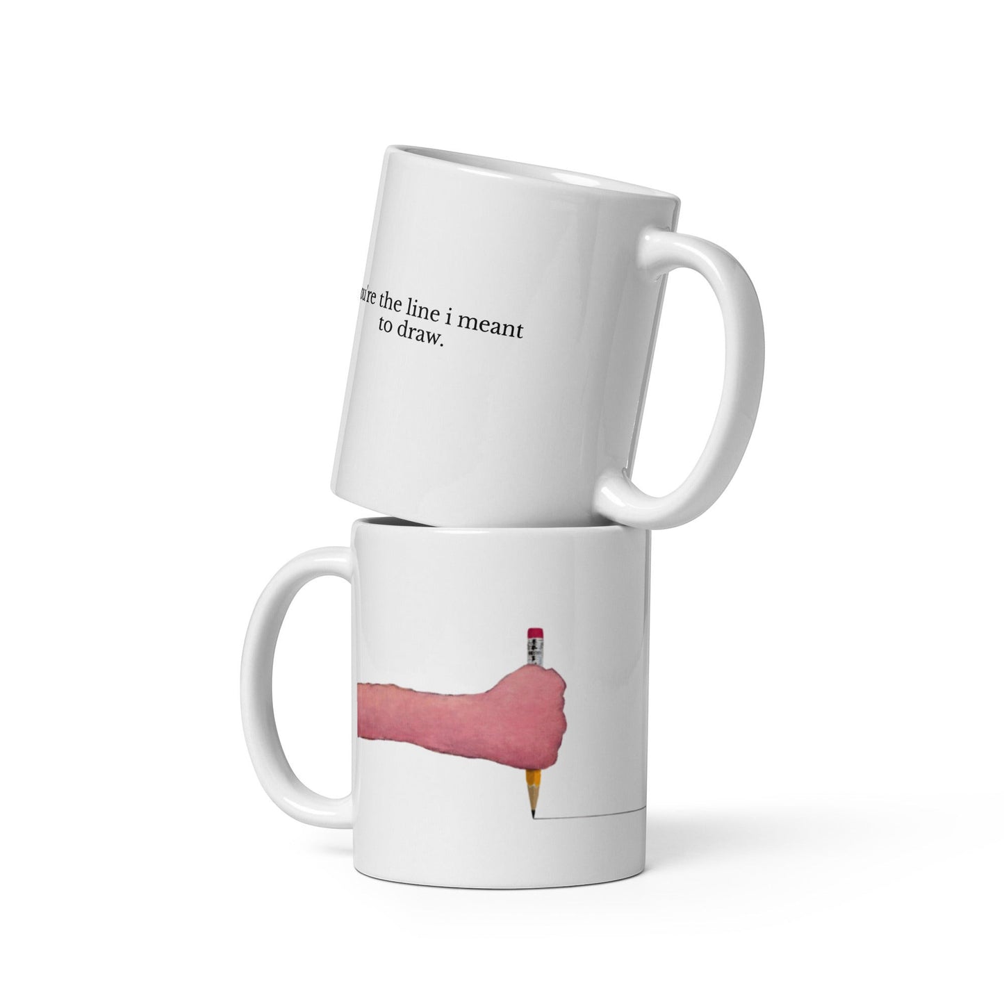 second best brand ceramic mug featuring a Gabe Langholtz painting of a hand drawing a line with text quote
