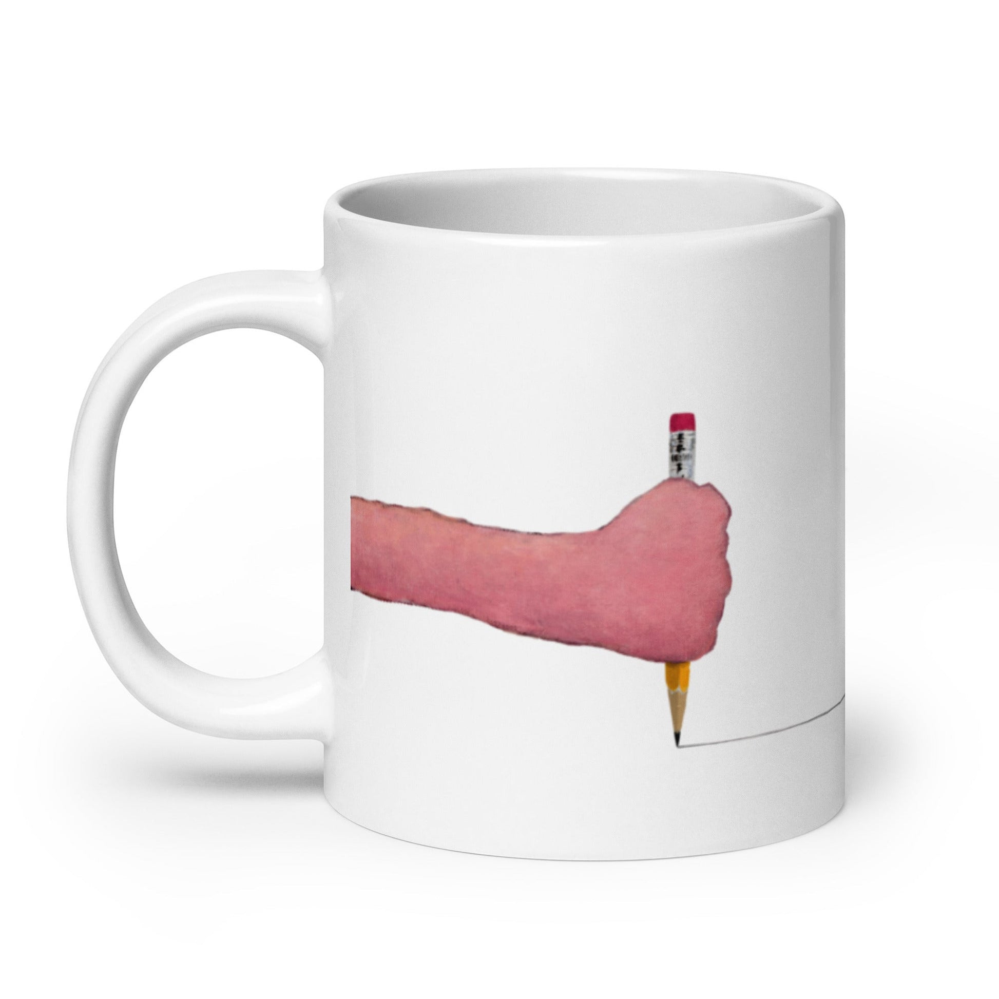 second best brand ceramic mug featuring a Gabe Langholtz painting of a hand drawing a line with a yellow pencil