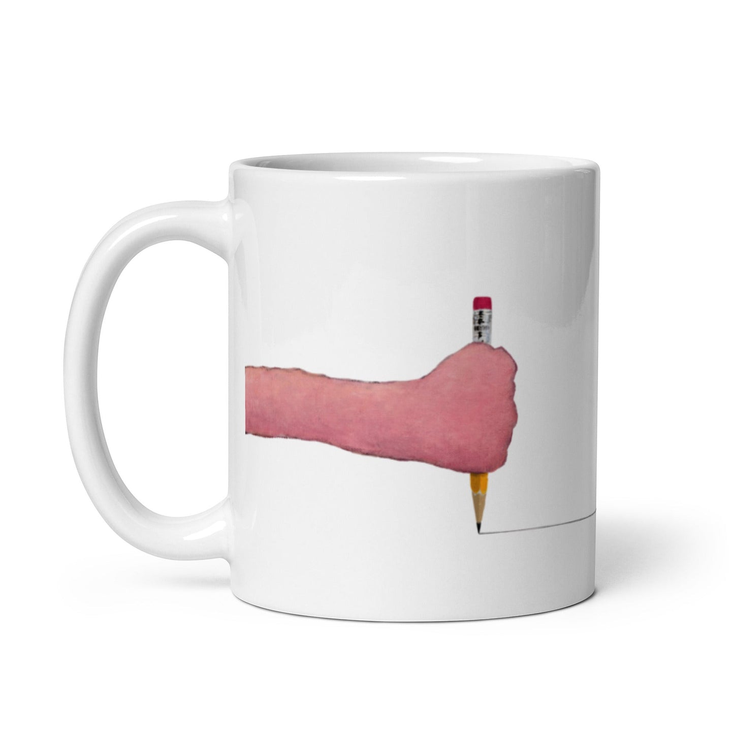 second best brand ceramic mug featuring a Gabe Langholtz painting of a hand drawing a line with a pencil