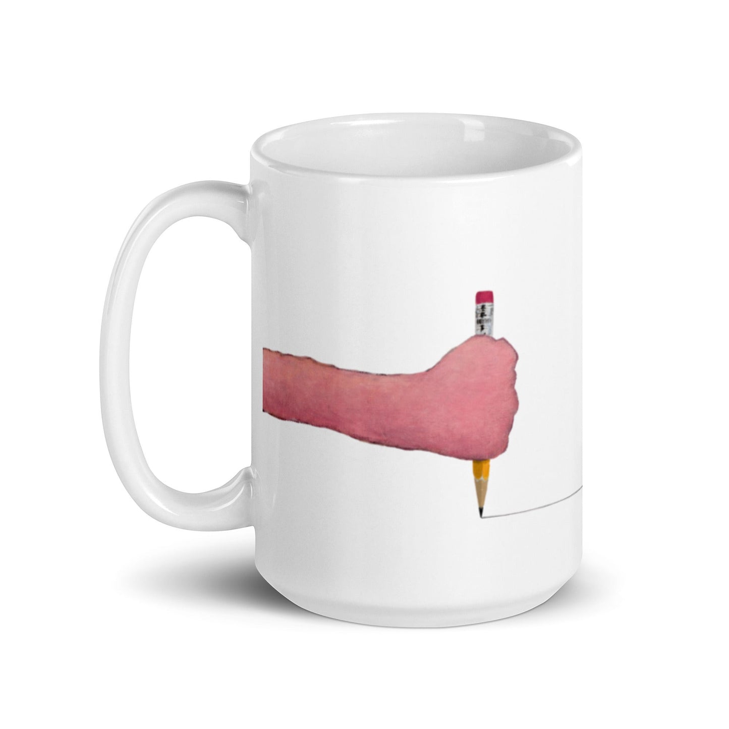 second best brand ceramic mug featuring a Gabe Langholtz painting of a hand drawing a line with a pencil